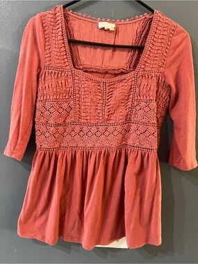 Anthropologie Cotton Crocheted 3/4 Sleeve Nosara Lace Tee by Meadow Rue sz s